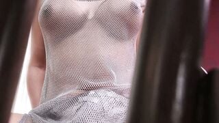 Asian Shemale Striptease In Silver Mesh Dress Ends With Cum Facial