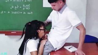 Glasses Teacher Fucked on Classroom Desk by Student