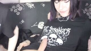 Goth Shemale Stretches Babe's Tight Wet Pussy with Big Orange Dildo