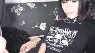 Goth Shemale Stretches Babe's Tight Wet Pussy with Big Orange Dildo