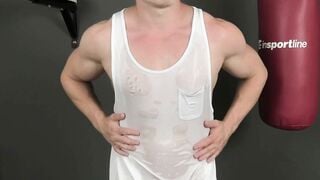 Muscular Blonde Hunk Flexes Oiled Abs & Strokes Hard Cock