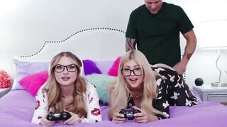 Amateur Teen Gaming Girls in Pajamas Fucked on Purple Bed
