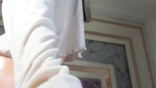 Glasses Tranny Edges Thick Cock On Pink Bed Until It Throbs