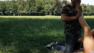 Norwegian MILF Sucks Cock In Public Field Footjob