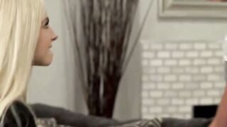 Redhead Step Sister Sucks Cock While Blonde BFF Watches on Red Couch Amateur Cumshot