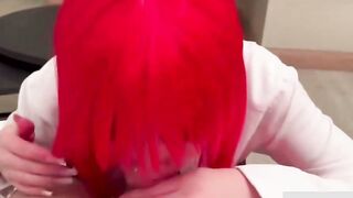 Red Cosplay Slut Deepthroats Cock & Swallows Cum in White Shirt
