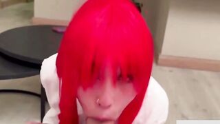 Red Cosplay Slut Deepthroats Cock & Swallows Cum in White Shirt