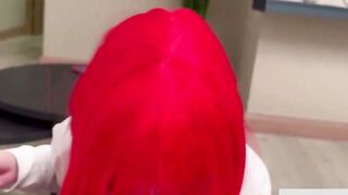 Red Cosplay Slut Deepthroats Cock & Swallows Cum in White Shirt