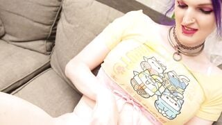 Purple Hair Tgirl Strips & Masturbates on Patio Sofa