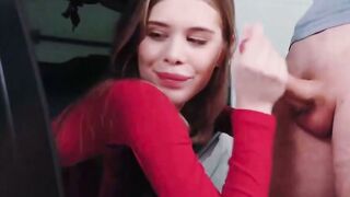 Petite Blonde Deepthroats Massive BBC & Swallows Cum in Car