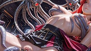 Redhead Anime Girl Squeezed By Mechanical Tentacles In Sci-Fi Lab