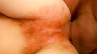 Shaved guy pounds nice-melons red head inside her rosy twat