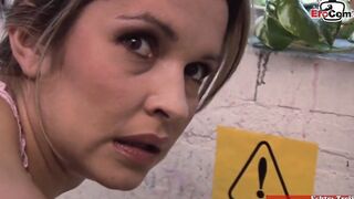Petite teens fucks standing up anal inside outdoors restroom