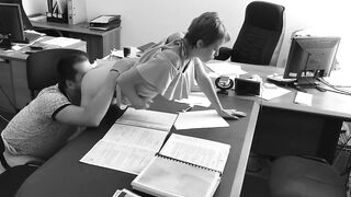 The boss fucks his small secretary on the office table and films it on concealed camera