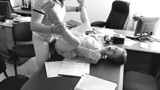 The boss fucks his small secretary on the office table and films it on concealed camera