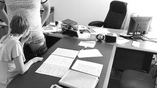The boss fucks his small secretary on the office table and films it on concealed camera