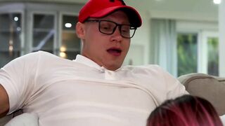 A weird pure postman brought a parcel for a beauty lady. She showed him what real sex is