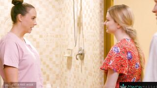 Nervous Lovers End Up Double Teaming Big Titted Masseuse