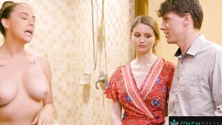 Nervous Lovers End Up Double Teaming Big Titted Masseuse