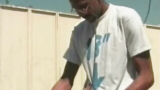 Blonde whore blows and fucks long african dick on a rooftop
