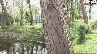 Slender blonde with natural melons into an outside 3some FMM