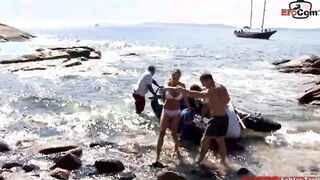 Outside anal Gang Bang at the beach with a beautiful boobies blonde