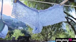 Slim dark hair goddess Jenna Sativa stripping by her tent outdoors