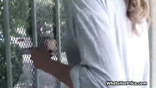 Broke blonde riding penis outdoor for cash