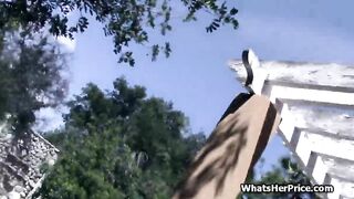 Broke blonde riding penis outdoor for cash
