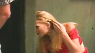 Adorable blonde shows off her leak inside restroom before fucking