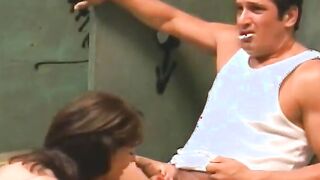 Muscular bro watches GF urinate then gets fellatio