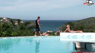 Slender blonde 19 year old with tiny jugs anal pounded inside the pool