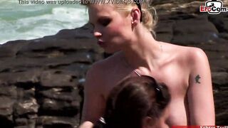 Outdoors lesbo sex with a big tit blonde and a dark hair hoe