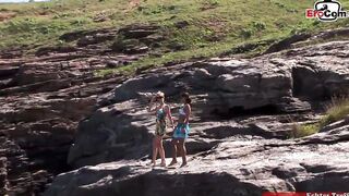Outdoors lesbo sex with a big tit blonde and a dark hair hoe