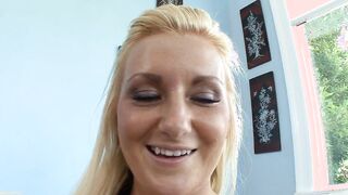 Turned On stud bangs a blonde Bae rough on the couch