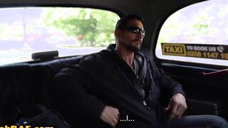 Penis tugging dark haired cabbie riding passenger on backseat