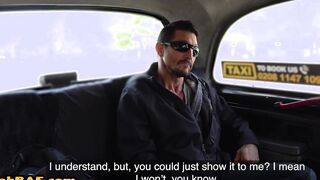 Penis tugging dark haired cabbie riding passenger on backseat