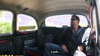 Penis tugging dark haired cabbie riding passenger on backseat