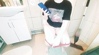 The Goddess peed and finished into the bathroom