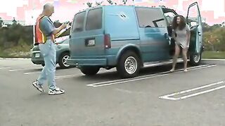 Lucky mature guy fucks goddess Hispanic inside open van into parking lot