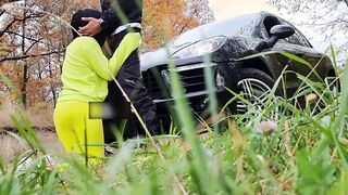 sexy Bitch Blowing Boyfriend’s Cock into the Vehicle - Cum