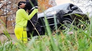 sexy Bitch Blowing Boyfriend’s Cock into the Vehicle - Cum