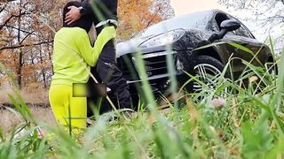 sexy Bitch Blowing Boyfriend’s Cock into the Vehicle - Cum