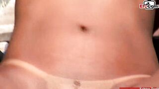 Curly dark hair Hispanic nailed inside her butt into an outside three-way