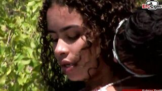 Curly dark hair Hispanic nailed inside her butt into an outside three-way