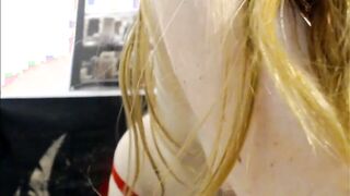 Big Titted slim blonde with red g-string