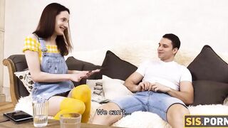 SISPORN. Smart bro tricks petite stepsister inside taboo sex on the sofa