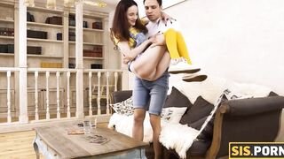 SISPORN. Smart bro tricks petite stepsister inside taboo sex on the sofa