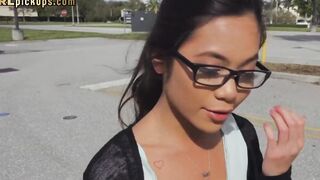 Slim oriental into glasses gets picked and paid for sex inside point of view