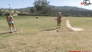 Natural jugs girls banged with sex toys into a lesbo foursome